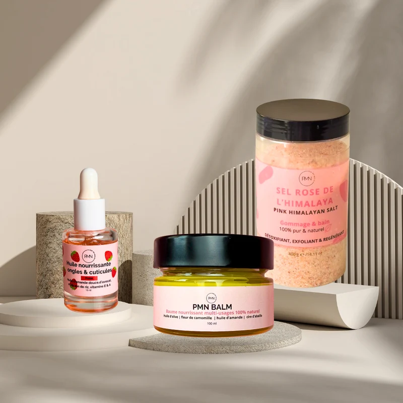 Pop My Nails | Trio Nail & Skin Care - Huile nourrissante ongles & cuticules parfum fraise + PMN Balm + Sel Rose de l'Himalaya