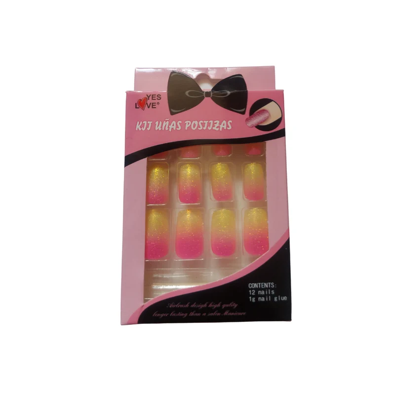YES LOVE | Faux Ongles Dégradé Pailleté Rose & Jaune - SANS COLLE FOURNIE