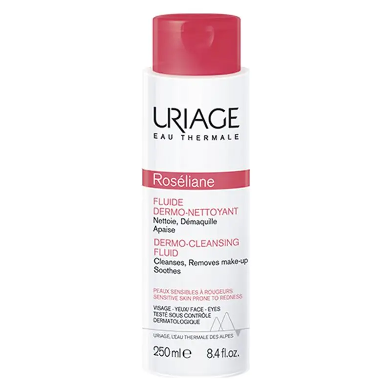 Uriage Roséliane Fluide dermo-nettoyant pour les peaux sensibles, rouges, rosacées et hyper-réactives , 250 ml