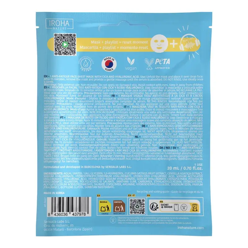 Iroha Nature Jet Lag Recovery Energising & Anti-Fatigue Facial Mask , 1 unité