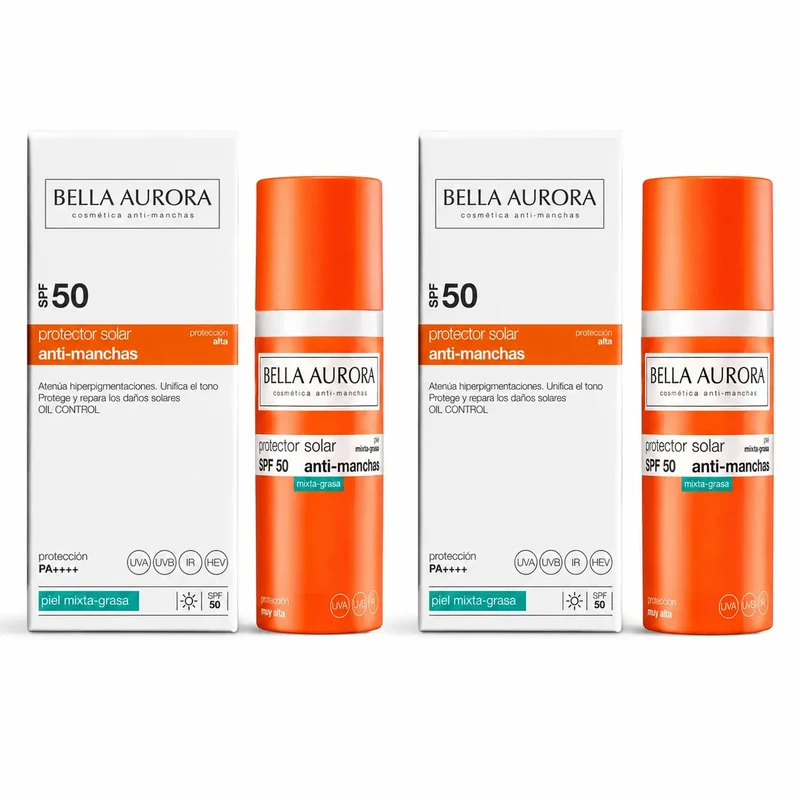 Bella Aurora Anti-Taches Crème solaire SPF 50. Peau mixte à grasse, 50 ml, lot de 2