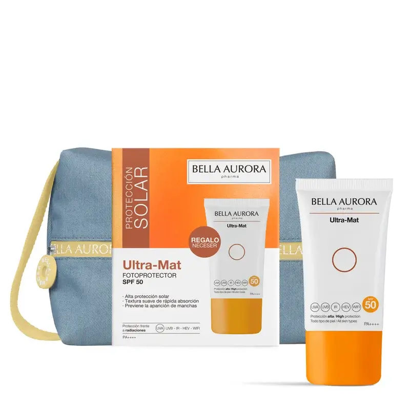 Bella Aurora Crème solaire Ultra-Mat Spf50 + Trousse de toilette Jean, 50 ml
